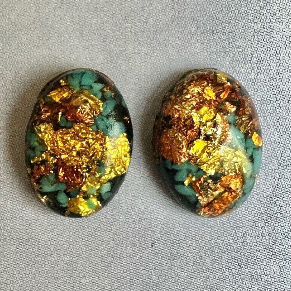 Handmade Foil & Turquoise Chip Resin Oval Earrings
